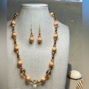 Artisan Made Irregular Sponge Coral 12mm Gold beaded Necklace and Earring Set